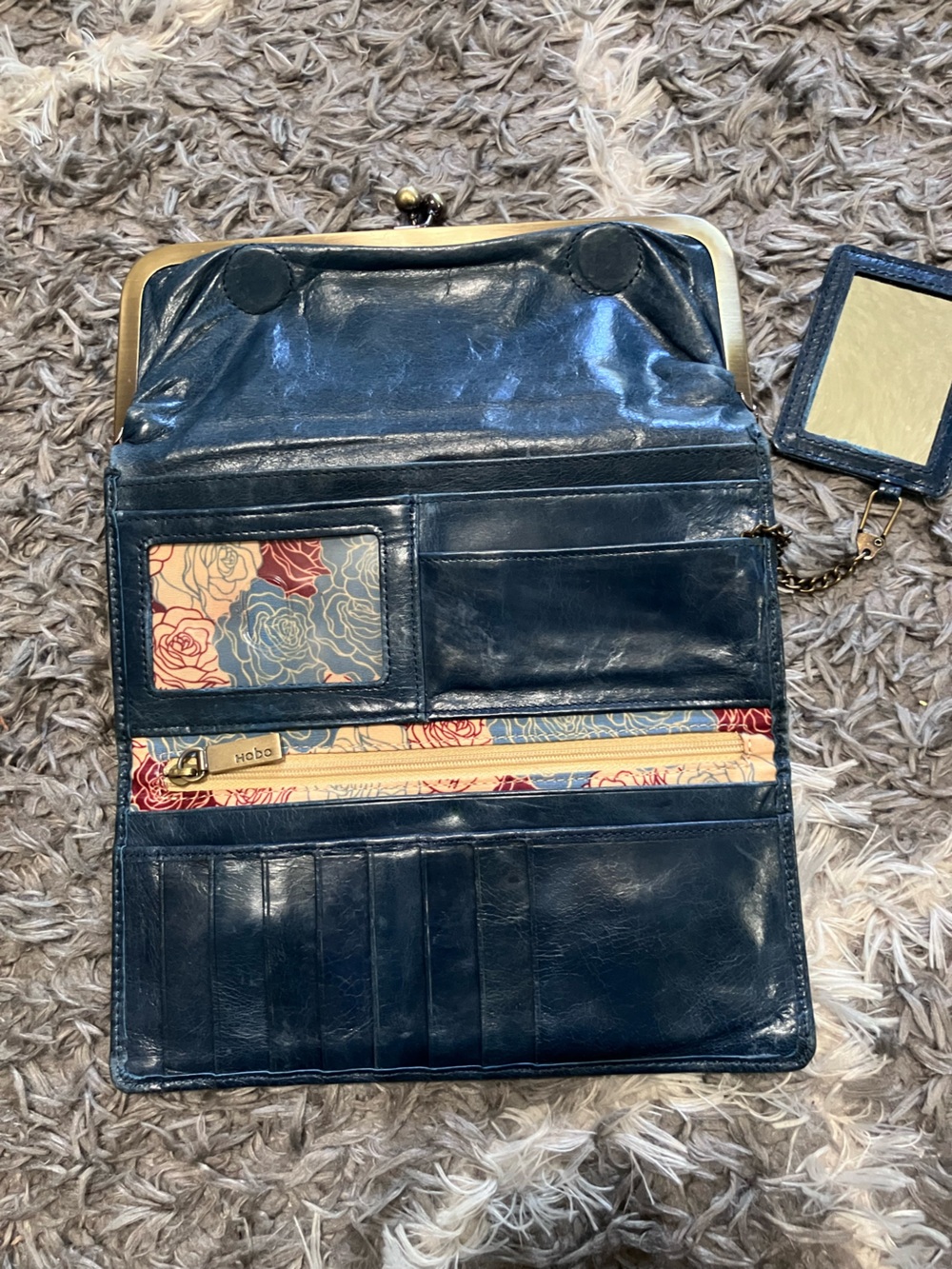 HOBO Navy Leather Wallet with Floral Interior